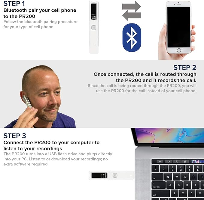 PR200 Cell Phone Call Recording Device, Bluetooth Enabled, iPhone and Android Mobile Recorder