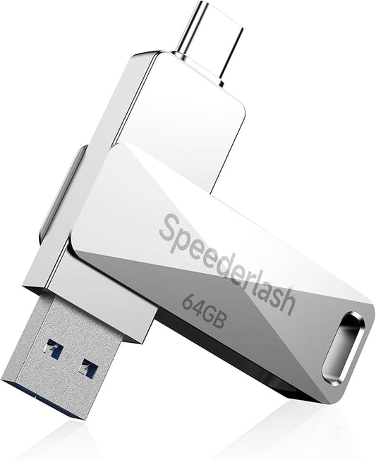 64GB USB 3.0 Flash Drive, Speederlash Dual USB A & Type-C Thumb Drive, 200MB/s Read Speed, Swivel Metal Housing 2-in-1 Memory Stick for Android Phones, Tablets, Laptops, and PCs