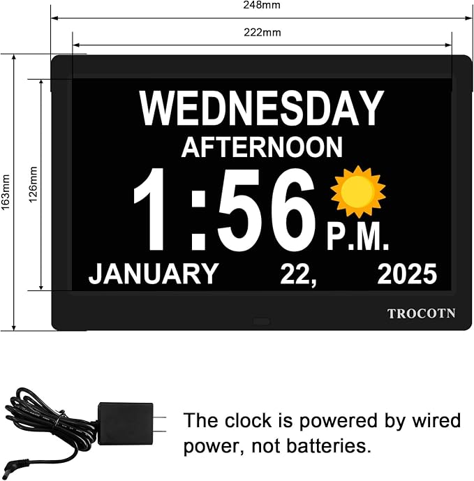 TROCOTN Dementia Clocks, Large Display Calendar Alarm Clock with Auto DST for Seniors, 5 Display Modes Large Font Digital Clock with Custom Alarms Day Date Clocks. (10 Inch Black)