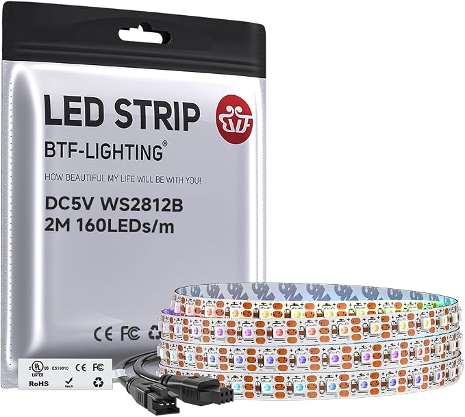 BTF-LIGHTING WS2812B IC RGB 5mm Ultra Narrow LED Strip 2020SMD DC5V Individually Addressable 6.4FT 160Pixels/m 320LED Dream Color Tape Light for Home DIY Decoration IP30 (No Adapter or Controller)