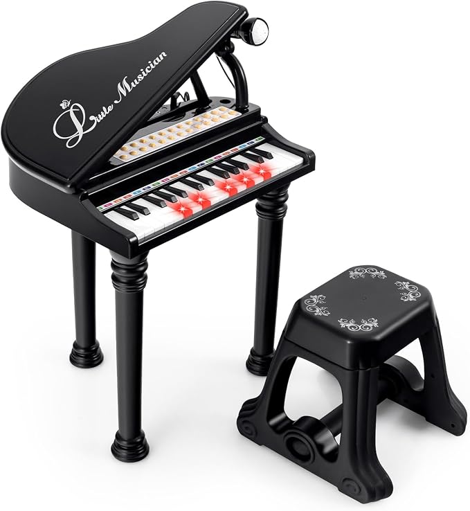 Costzon Kids Piano, 31 Key Mini Grand Piano Toy Keyboard with Microphone, Stool & Lights, Portable Electronic Piano Educational Musical Instrument Toy, Birthday Gift for Toddler Boys Girls (Black)