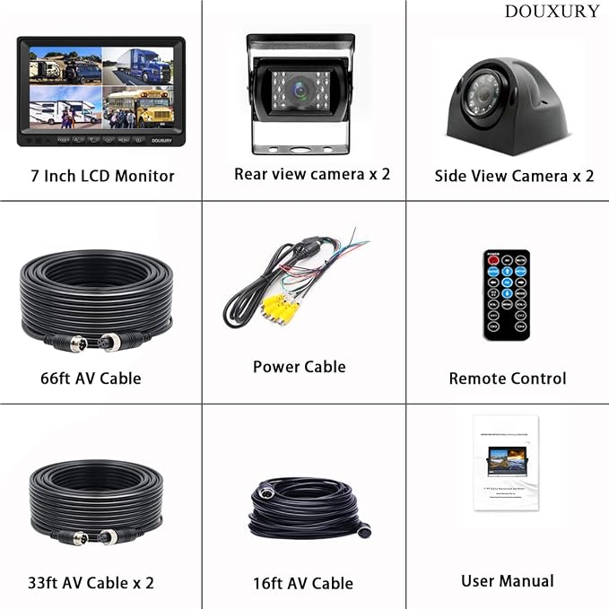 RV Backup Camera System with 7'' Quad Split 1080P Monitor for Truck Trailer Semi Camper Bus & 4 AHD Rear Side View Camera with DVR Record Function IP69 Waterproof Night Vision Avoid Blind Spot DOUXURY