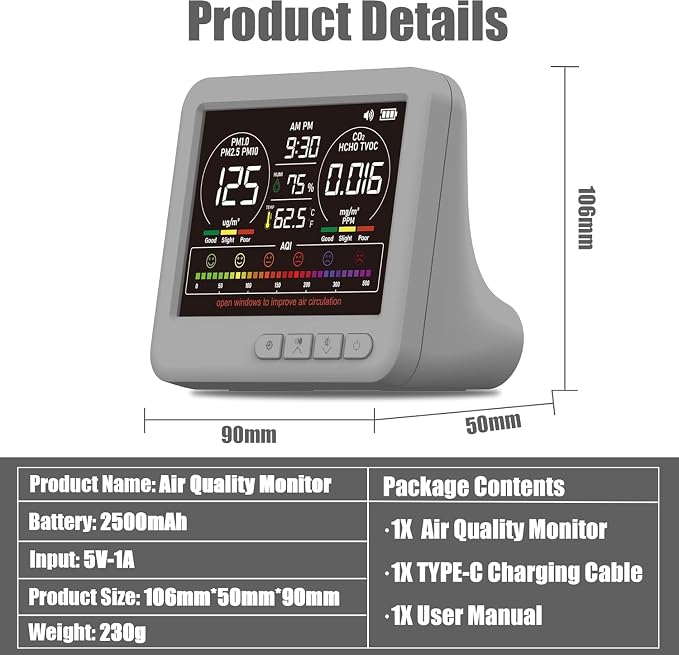 Professional 16-in-1 Portable Indoor Air Quality Monitor with AQI Reminder, Real-Time Air Detector for Home, Bedroom, Office, Car & Daily Use