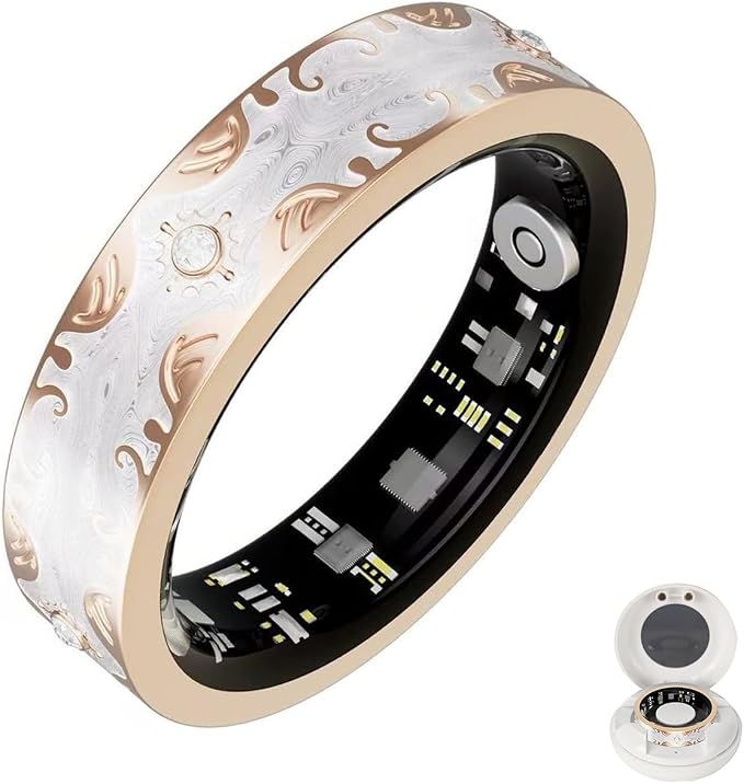 Retro Bluetooth Smart Ring for Women Fitness Tracker Ring with Heart Rate, Sleep Monitoring, Blood Oxygen, Step Counting for iOS and Android (White, 10#)