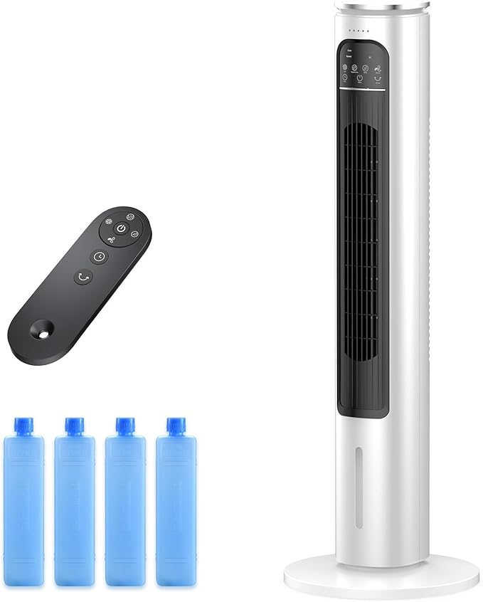 Windowless Portable Air Conditioner Ac Unit with Remote,Evaporative Air Cooler,Swamp Cooler for 4 Modes, 12H Timer, Removable Water Tank,Ice Packs,CoolingTower Fan for Bedroom,Outdoor,Indoor White