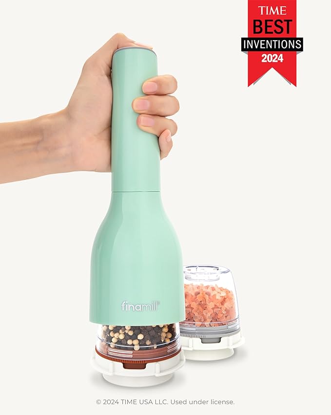 FinaMill Classic Battery Spice Mill – Battery Operated Salt and Pepper Grinder Set, Includes 2 Interchangeable Spice Pods, Adjustable Coarseness, LED Light, Home and Kitchen Gift Set for Father's Day