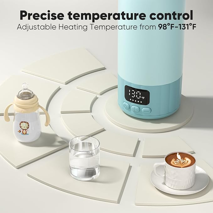 Portable Bottle Warmer for Travel, Fast Heating Milk Warmer On The Go, 17 OZ Water Warmer for Milk, Formula, Water, Temp Control 98°F -131°F, Baby Essentials for Outdoor Airplane Car Journey