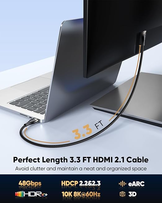 10K 8K HDMI Cable 3FT 10-Pack, 48Gbps Ultra High Speed HDMI 2.1 Cable 8K@60Hz, 4K@120Hz Nylon Braided HDMI Cord, eARC, HDR10, HDCP 2.2&2.3 for PS5, Monitor, HDTV, Laptop, PC, Blu-ray