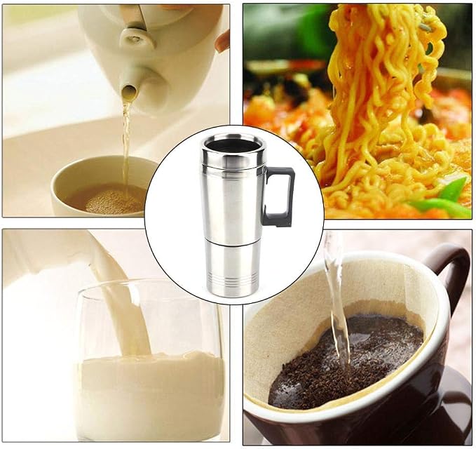Qiilu Car Electric Kettle, 12V 350ml+150ml Stainless Steel Portable Car Electric Heating Mug Drinking Cup Travel Kettle Water Boiler for Water Tea Coffee Milk