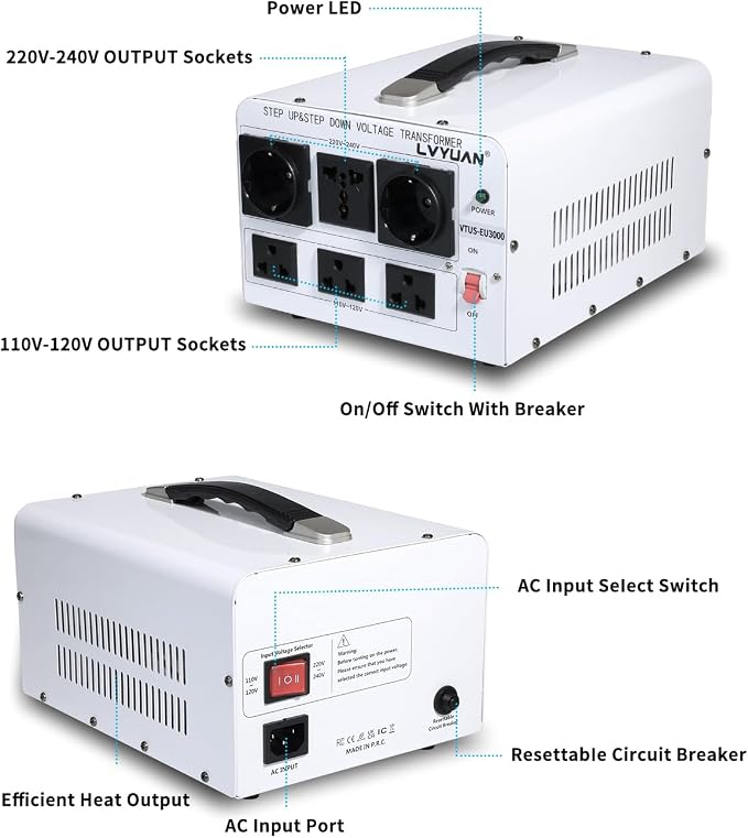 LVYUAN 3000W Voltage Transformer Power Converter Step Up 110V to 220V, Step Down 220V to 110V, 110/120 Volt - 220/240 Volt