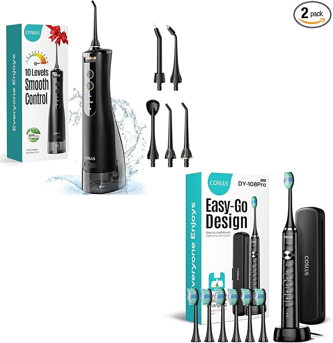 COSLUS Water Dental Flosser Tooth Pick: 10 Levels Smooth Control Portable Wireless Electric Toothbrush for Adults and Kids Rechargeable Black and Black