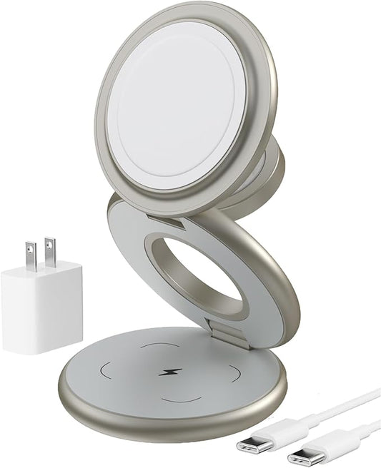 KU XIU X63 Natural Titanium 3 in 1 Charging Station for Apple, Aluminum Alloy Foldable Magnetic Wireless Charger, Travel Stand for iPhone 17/16/15/14/13/12, Apple Watch & AirPod,with 20W Adapter