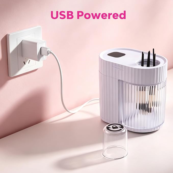 Electric Makeup Brush Cleaner Machine, 3-IN-1 Automatic Cleaning & Fast Drying, 1200RPM High-speed Spinning, Adjustable Timer, LED Display, 7 Slots for All Brush Sizes, USB Powered, Pure White