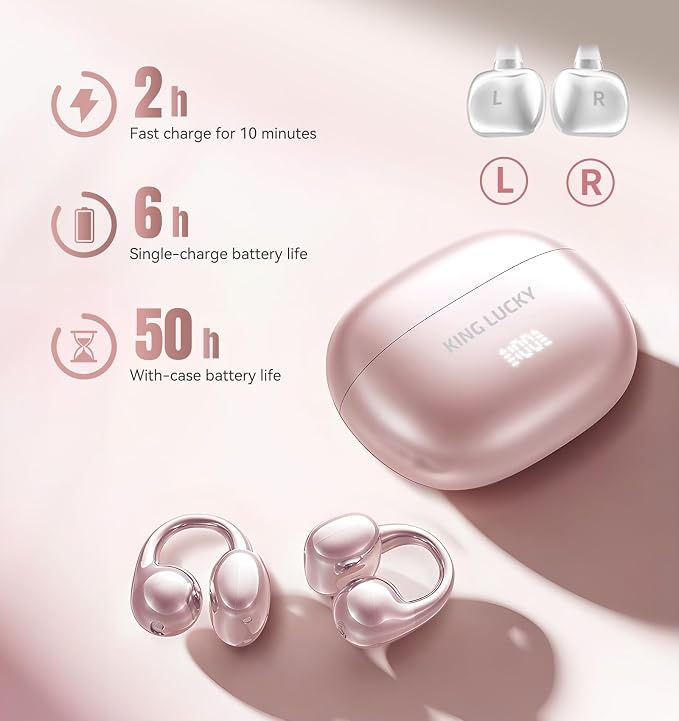 King Lucky Next-gen Clip on Earbuds Open Ear Wireless Bluetooth 6.0 Headphones with Mic,50H Play,ENC,IPX5 Waterproof,Sports Ear Buds,Comfortable for Small Ears&Fitness,Running (LED Display, Pink)