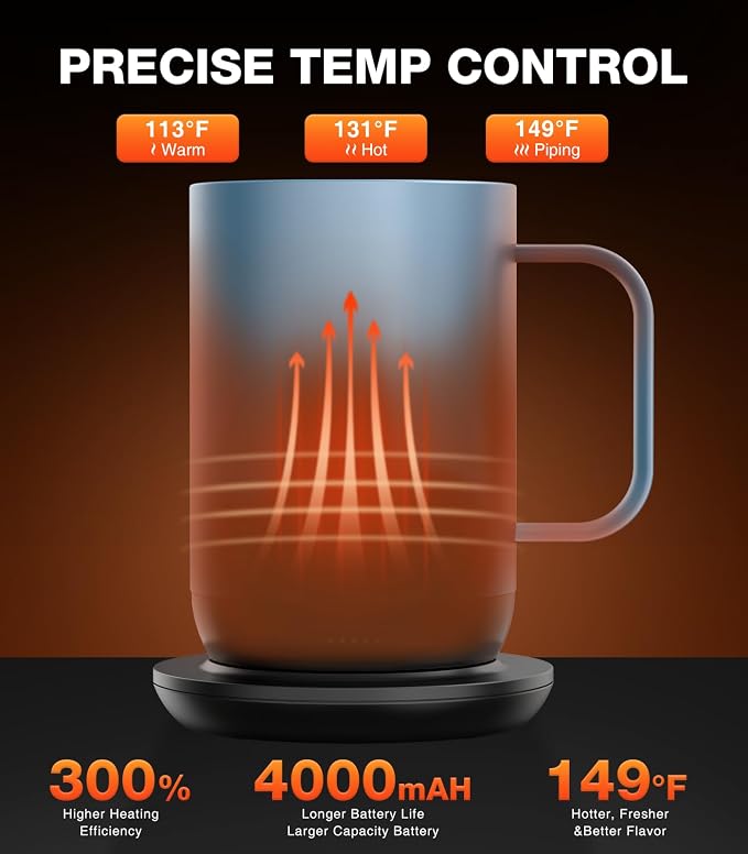 Kepwam Self-Heating Coffee Mug T1-16oz, Fast Heating Rechargeable Heated Coffee Mug, Smart Mug with App & Button Control, Ideal Gift for Coffee Lovers & Hot Drink Enthusiasts