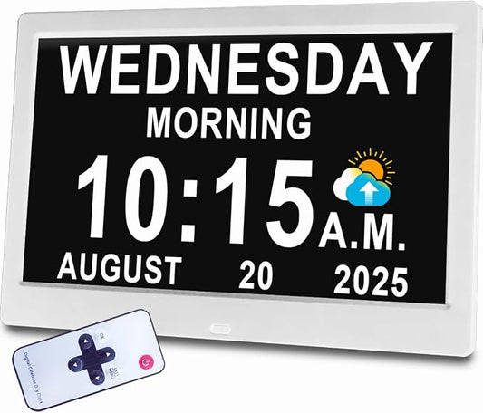 【Upgraded】11.5" Large Digtal Clock with Voice-Talking Day and Date for Seniors, Auto DST, 27 Alarms & Auto Dimmable, Non-Abbreviated Talking Clock for Elderly Dementia Alzheimers- White with Remote