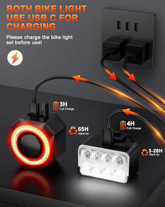 ONVIAN Bike Light Kit with Anti-Theft Alarm, USB Rechargeable Super Bright Bike Headlight and Taillight for Night Cycling,5+4 Modes Bicycle Turn Signals for Ebike,IPX6/IP64 Waterproof