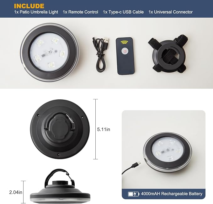 Vitnucrol LED Patio Umbrella Lights with Remote, 4000mAh Rechargeable Portable Outdoor Cantilever Umbrella Lamp with 3 Brightness, Dimmable Camping Lights for Offset Umbrellas, Tents