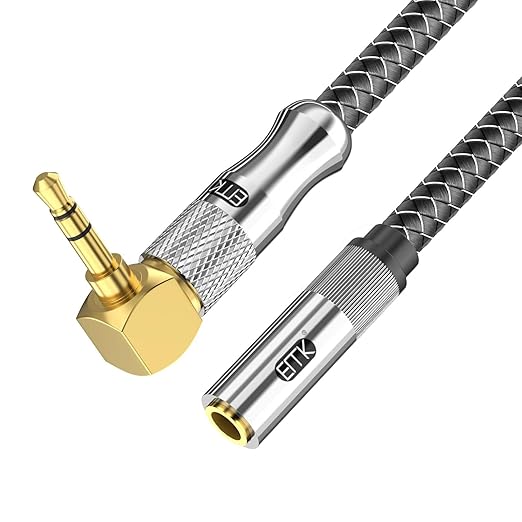 EMK Premium 90° 3.5mm Headphone Extension Cable (1.5Ft/0.5M) - Right-Angle TRS Stereo Aux Extension Cord for Laptops, Smartphones & Audio Devices - Space-Saving Angled Design, Gold-Plated Connectors