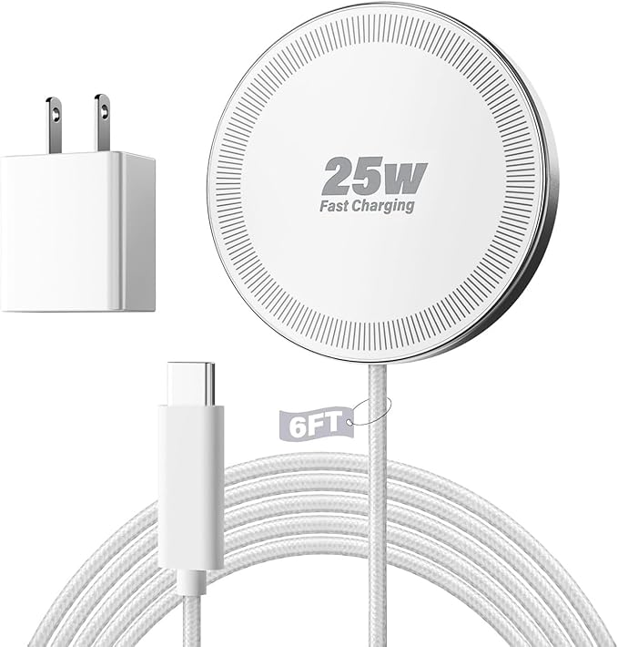 25W Magnetic Wireless Charger, 6FT Fast Charging Pad Wireless Charge for iPhone 17 16 /AirPods3/2/Pro/for Galaxy S26 Ultra/Pixel 10 Series, Portable Charger for Desk& Travel(1Pack,White)