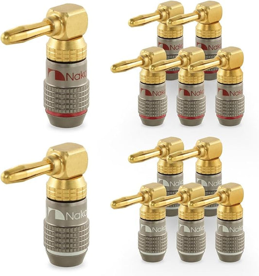 Nakamichi FanLock Excel Series 24k Gold Plated Right-Angle 90 Degree Banana Plug 10 AWG - 18 AWG Gauge Size 4mm for Speakers Amplifier Hi-Fi Home Theatre Wire Cable Quick Connector, 12 Pcs (6-Pairs)