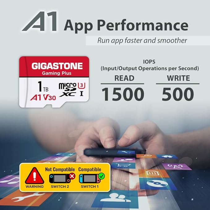 【for Switch 1 Only】 GIGASTONE 1TB Gaming Plus Series Memory Card Speed Up to 150/120MB/s for Nintendo-Switch 1, Steam Deck, 4K Video A1 V30 U3 MicroSDXC with SD Adapter