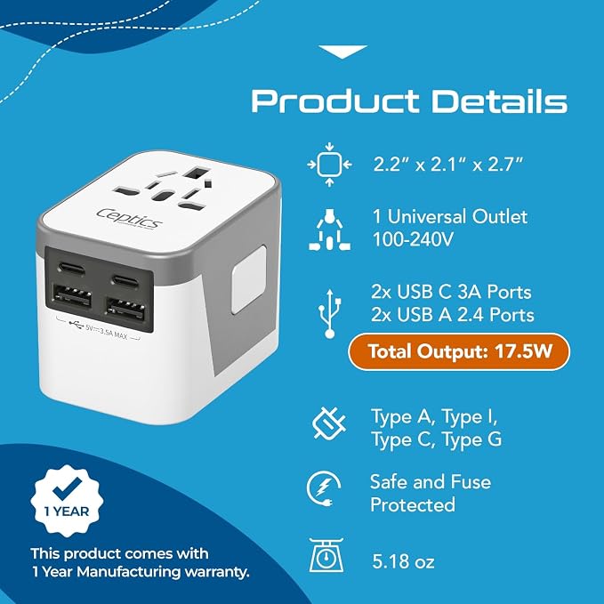Ceptics Universal Travel Adapter for EU, UK, China, UAE, AU – International Power Adapter with Dual USB-C & USB-A – Ideal for Phone, Tablet & Smartwatch Chargers - Type A, C, G, I Plug Outputs