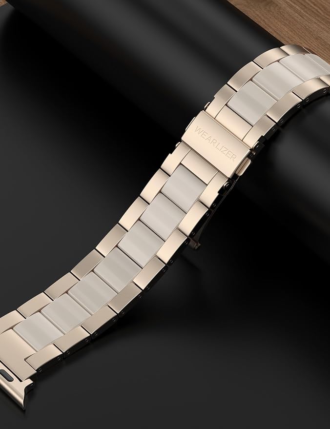 Wearlizer Compatible with Apple Watch Band 42/44/45/46/49mm Fashion Wristbands Womens, Stainless Steel+Resin Metal Replacement for iWatch Series 11 10 9 8 7 6 5 4 3 SE/Ultra 3 2 1-RoseGold+Starlight
