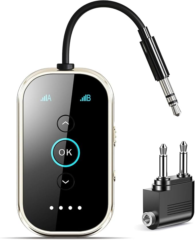 Ultra Bluetooth 5.4 Transmitter Receiver with CNC Metal & Glass – Airplane Bluetooth Adapter with Qualcomm aptX LL/HD, Works with 2 AirPods & Headphones, Wireless Audio Transmitter for Travel/TV/Gym