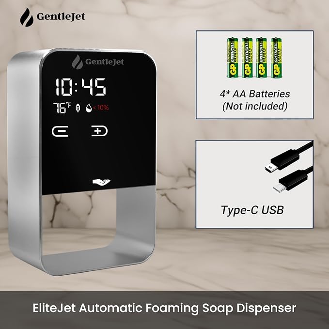 GentleJet EliteJet Automatic Foaming Soap Dispenser Touchless Sensor, LED Display, 5 Foam Levels, Wall Mount or Countertop, Rechargable USB-C or Battery Powered, Aluminum Alloy, 480 ml Refillable