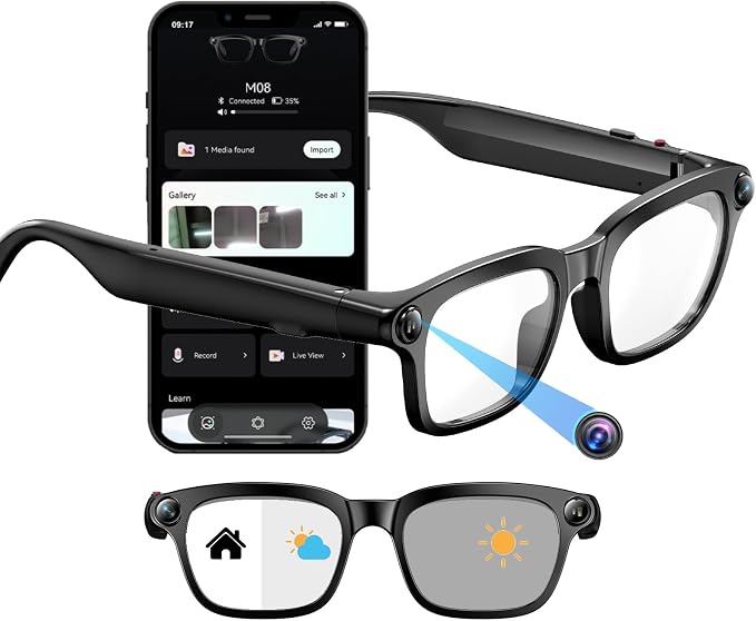 800W Ai Smart Glasses with Camera 1080P HD Video Recording, AI Translator for 160 Languages, GPT Object Recognition, Bluetooth Audio, Photochromic Lenses, 290mAh Long Battery for Travel Sports