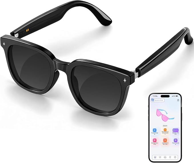 Smart Bluetooth Glasses for Men Women, Ai Smart Glasses with Open-Ear Audio, Voice Control, Real-time Translation, Hands-Free Calls, Bluetooth Sunglasses for Daily Use, Travel