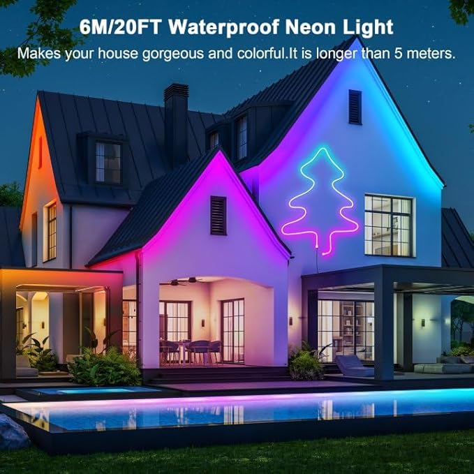 Cozylady 6M RGB Neon Light LED Rope Light,20ft Waterproof Bluetooth APP Remote Control Music Sync Strip Light,24V Flexible DIY Silicone Light for Bedroom Home Indoor Outdoor Decoration (6M/20Ft)