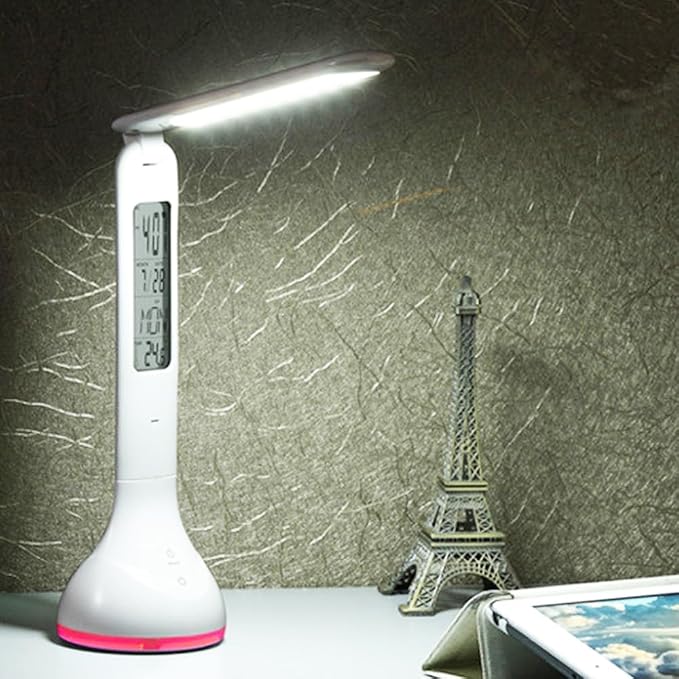 IHAO 7-Color Gradient Ambient Desk Lamp with LED Display Eye-Caring LED Table Lamp with Calendar, Temperature Display, Multi-Angle Adjustable Modern Office Lamp for Home & Office T19A White