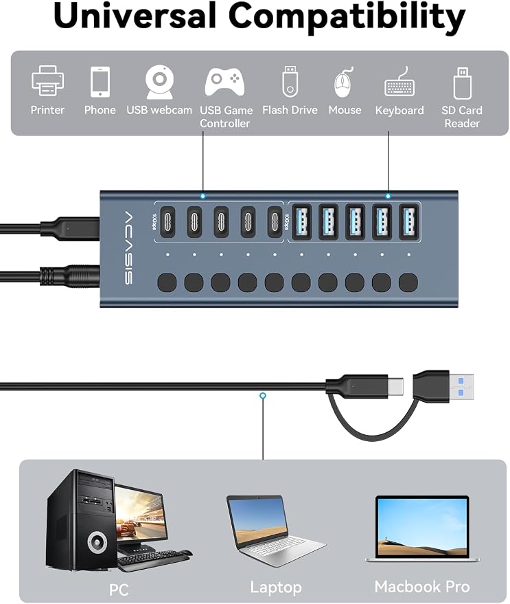 Powered USB 3.2 Hub, ACASIS 10 Ports USB 3.2 Hub(5 USB-A 3.2 Ports+5 USB-C 3.2 Ports), Aluminum USB Hub Powered with 48W Power Adapter, USB Hub for PC/Laptop, Computer, Flash Drive, Printer, Camera