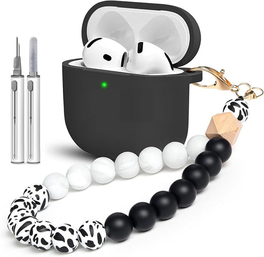for Airpods 4th Case Cover, Come with Cleaner Kit,Soft Skin Silicone Case Cover with Keychain, Full Protective Case for Men and Women,Black Marble Pattern