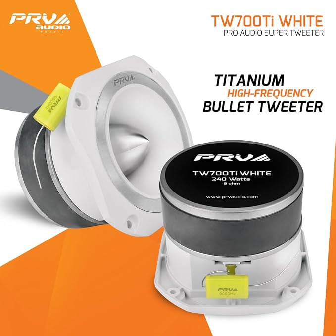 PRV AUDIO TW700Ti White 4 Inch Titanium Bullet Tweeter 240 Watts, 8 Ohm Super Tweeter, Built-in Capacitor Pro Audio High Frequency Driver (2 Tweeters)