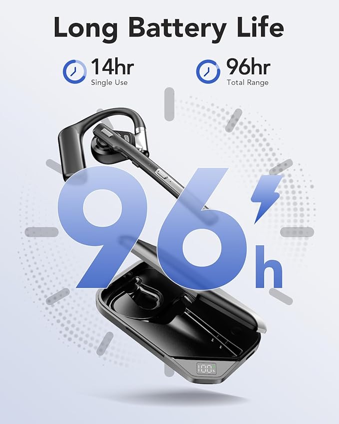 Bluetooth Headset V6.0, Open Ear Wireless Earpiece with Noise Canceling Mic, 96H Talking Time with the 950 mAh Charging Case for iOS Android Laptop, Headphones with Mute Button for Trucker Work