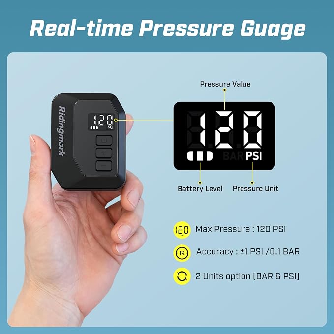 Mini Bike Pump with Gauge, 120 PSI Electric Bicycle Pump with Presta and Schrader Valve, ±1 PSI Accuracy Auto-Stop Portable Electric Bike Air Pump, for Mountain Bike, Road Bike, Motorcycle