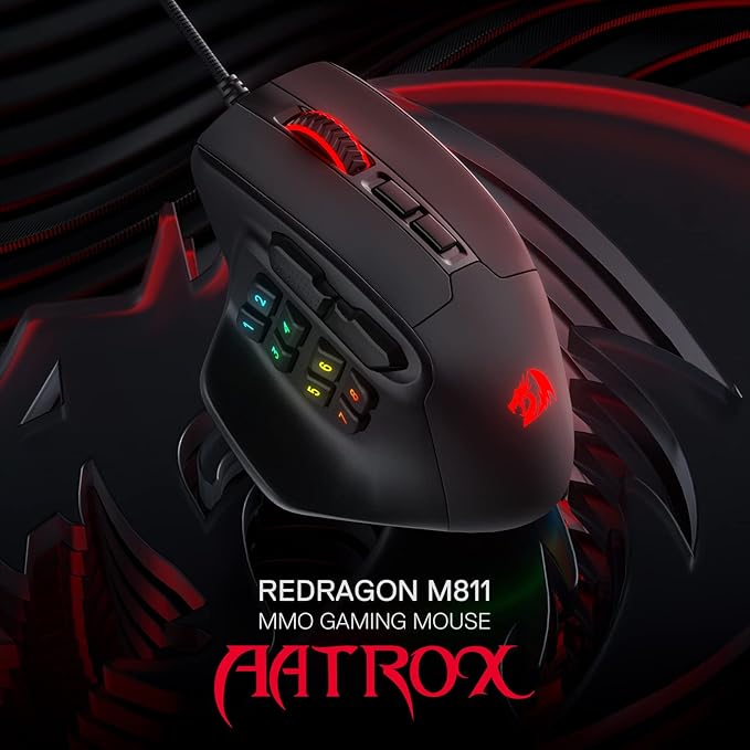 Redragon M811 Aatrox MMO Gaming Mouse, 15 Programmable Buttons Wired RGB Mouse w/Ergonomic Natural Grip Build, 10 Side Macro Keys, Software Supports DIY Keybinds & Backlit