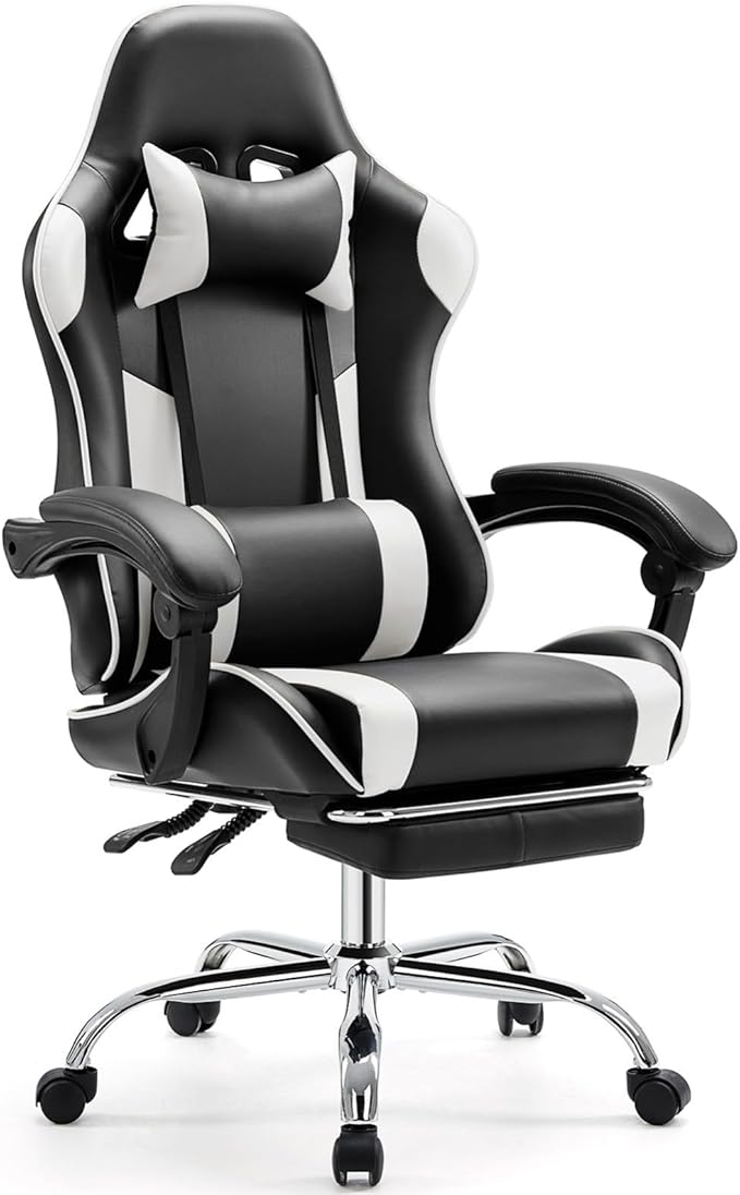 Heavy Duty Gaming Chair, Ergonomic Gamer Chair for Home Office with Footrest, Lumbar Support, Adjustable Backrest, Stable 360° Swivel Wheels for Adults, Professional Gamers and Teens, White