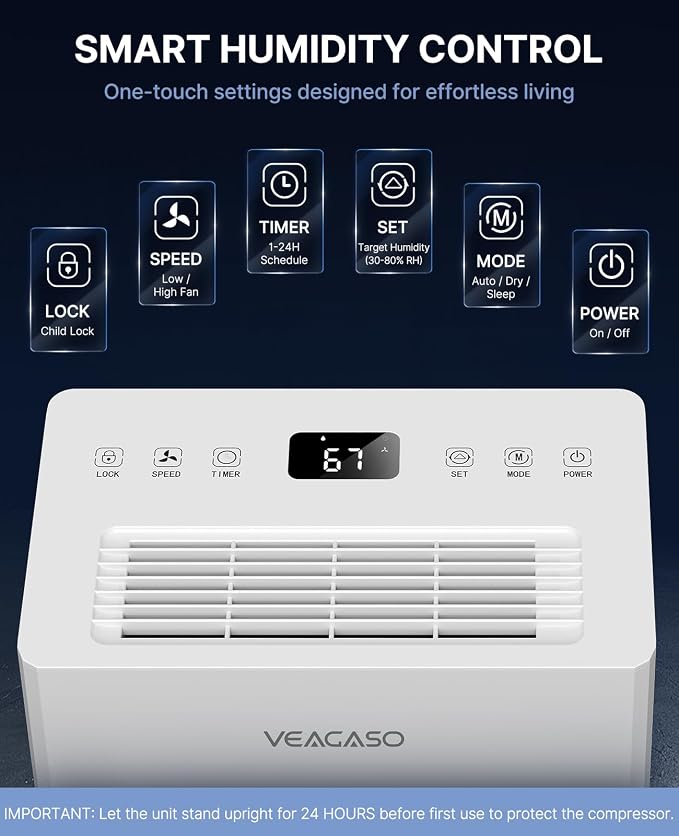 VEAGASO 2000 Sq.Ft. Dehumidifier for Basement with Drain Hose, 28 Pints Dehumidifiers for Home, Bedroom, Garage, 38dB Sleep Mode, Auto-Defrost, 3 Modes, 24H Timer