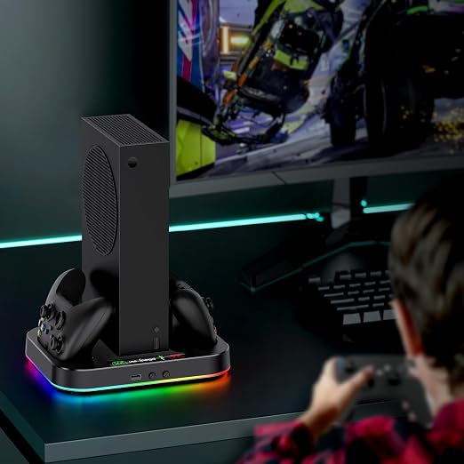 Cooling Stand for Xbox Series S with RGB Light, MENEEA Fast Charger Station with 2x1400mAH Batteries,Cooler Accessories with 3-Speed Adjustable Fan, Dual Charger Dock, 15 Light Modes, 2.0 USB Port