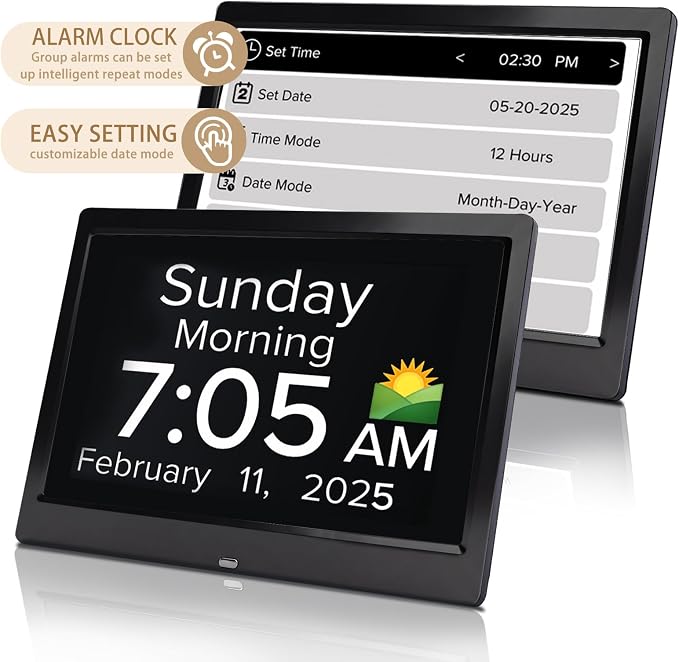 10.1 Inch Digital Alarm Clock with Date and Day of The Week for Dementia Seniors, Multiple Alarm Types Sets,Voice Announcement Time, Auto DST, Gifts for Elderly People