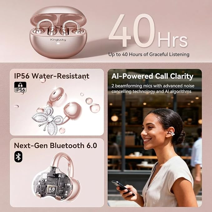 Kinglucky Clip-On Open Ear Earbuds with Detachable Butterfly Earrings, Bluetooth 6.0 Wireless Headphones for Women, 40H Playtime, Comfortable Fit for Small Ears, Sports, Glasses Wearers, Rose Gold