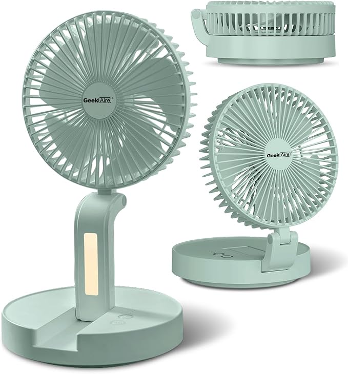 Geek Aire Foldable Battery Operated Fan, Portable Rechargeable USB Floor Table Fan with LED Light, Quiet Oscillating Pedestal Fans that Blow Cold Air for Bedroom Office Camping Travel - Green