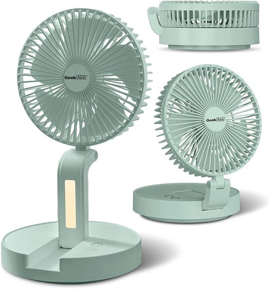 Geek Aire Foldable Battery Operated Fan, Portable Rechargeable USB Floor Table Fan with LED Light, Quiet Oscillating Pedestal Fans that Blow Cold Air for Bedroom Office Camping Travel - Green