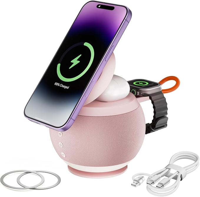 5 in 1 Wireless Charging Station with Bluetooth Speaker and Night Light, Magnetic Fast Charger Stand for iOS Phones, Smartwatch and Wireless Earbuds, Bedside Charging Station, Pink