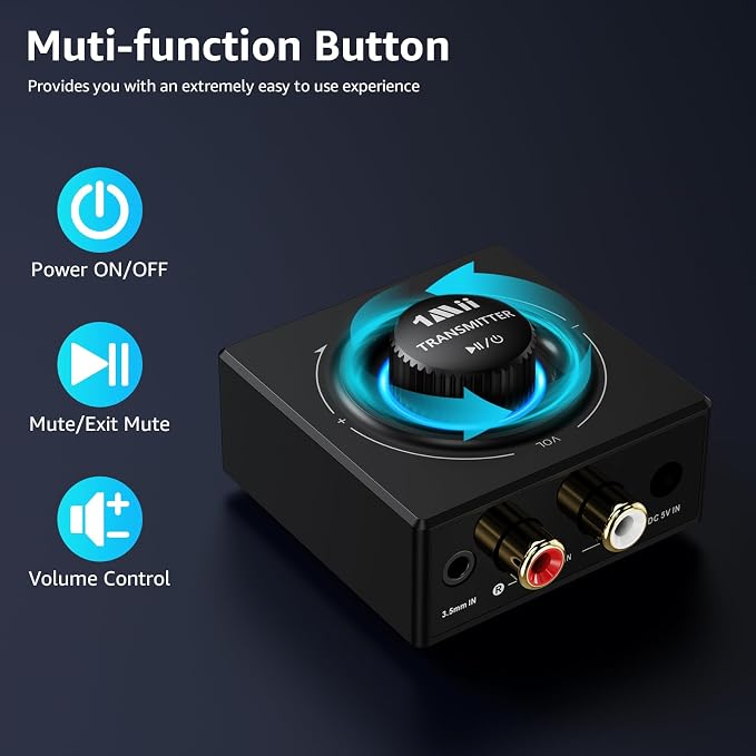 1Mii 2.4GHz (1 TX + 1 RX), Wireless Transmitter Receiver - 200ft Long Range 25ms Low Latency, Wireless Audio Adapter with RCA/AUX, Plug & Play for TV/Home Stereo/Soundbar/Powered Speakers/Amplifier