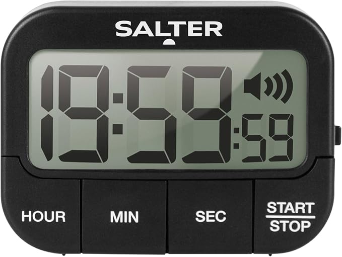 Salter Kitchen Digital Display Count up or Countdown Timer, Adjustable Loud Beeper, Large Start/Stop Button, Memory Function, Magnetic or Self Standing-Black, Plastic